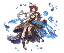  blue_eyes boots bow dress feathers female flute frills full_body granblue_fantasy hair_ornament instrument knee_boots looking_away minaba_hideo musical_note official_art one_eye_closed pamela_(granblue_fantasy) red_hair ribbon short_hair sleeveless smile solo transparent_background wrist_cuffs 