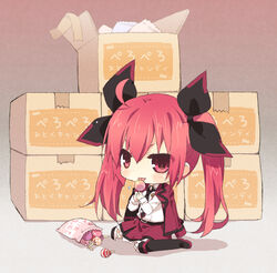  :d ahoge belt blush boots box candy cardboard_box chibi commentary_request date_a_live female food gradient_background hair_ornament impossible_clothes itsuka_kotori licking lollipop long_hair long_sleeves looking_at_viewer necktie open_mouth red_eyes red_hair school_uniform sitting skirt smile solo takamura_masaya tareme thighhighs twintails very_long_hair 