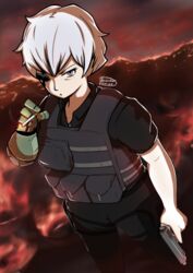  akame_ga_kill! background body_armor cleavage eyepatch female female gun looking_at_viewer mechanical_arm najenda pistol purple_eyes short_hair silver_hair smoking solo standing 