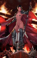  armor bad_id bad_pixiv_id black_hair blood blood_on_clothes breasts cape dungeon_and_fighter female female_priest_(dungeon_and_fighter) happening18 inquisitor_(dungeon_and_fighter) long_hair looking_at_viewer medium_breasts purple_eyes solo third-party_edit weapon 