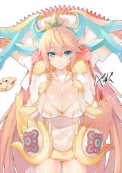  blonde_hair blue_eyes blush breasts cleavage commentary_request dress female fur_trim headdress hsuliherng large_breasts long_hair puzzle_&amp;_dragons sakuya_(p&amp;d) shiny_skin shynee_(p&amp;d) signature solo sweatdrop very_long_hair when_you_see_it 