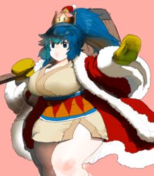  adapted_costume blue_eyes blue_hair breasts brown_dress brown_gloves cleavage coat commentary_request crown dress eyeshadow female fur_trim gloves hair_between_eyes hammer hat hip_focus huge_breasts king_dedede kirby kirby_(series) knee_up leather leather_gloves legs long_hair long_sleeves makeup mario_(series) new_super_mario_bros._u_deluxe open_hand outstretched_arm over_shoulder oversized_object parted_lips pink_background pink_lips plump ponytail red_coat santa_hat sash scowl shiny_skin short_hair side_slit sidelocks simple_background solo stomach strapless strapless_dress super_crown tetuhei thick_lips thick_thighs thighs tsurime wide_hips wide_sleeves 