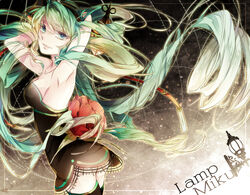  armpits arms_up bad_id bad_pixiv_id character_name dress female floating_hair green_eyes green_hair hatsune_miku long_hair photoshop_(medium) reika_(iamreika) solo thighhighs twintails very_long_hair vocaloid 