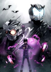  1boy armor bad_id bad_pixiv_id bat_(animal) black_hair boots cable chase_(kamen_rider_drive) commentary_request compound_eyes electricity glowing glowing_eyes gun jacket kamen_rider kamen_rider_drive_(series) mashin_chaser mask multiple_persona naokado projected_inset proto_drive purple_eyes scarf short_hair spoilers weapon 