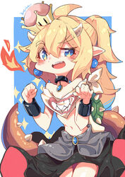  :d bare_shoulders bib black_skirt blonde_hair blue_eyes blush bowsette_jr. commentary_request cowboy_shot crown female fire highres horns kotoba_(1074421015) long_hair looking_at_viewer mario_(series) navel new_super_mario_bros._u_deluxe open_mouth pointy_ears ponytail sharp_teeth skirt smile solo sparkle spikes super_crown tail teeth thick_eyebrows turtle_shell uneven_eyes 