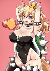  absurdres armlet armpits arms_behind_head black_leotard black_thighhighs blonde_hair blue_eyes bowsette breasts cleavage collar collarbone commentary_request covered_nipples crown eyebrows female fire highres horns large_breasts leotard long_hair mario_(series) new_super_mario_bros._u_deluxe open_mouth pink_background ponytail simple_background solo spiked_armlet spiked_collar spikes super_crown tail thighhighs tongue tongue_out virusotaku 