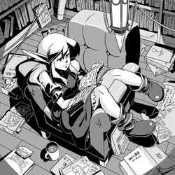  armchair book chair commentary_request cup dress elf female greyscale jogurt_(shining_force) kinuko_(kinucakes) library long_hair loose_socks max_(shining_force) monochrome mug pointy_ears reading shining_(series) shining_force_i sitting socks 