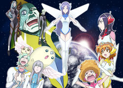  5girls afro angry aono_miki arm_warmers blonde_hair blue_eyes blue_hair boots brown_eyes brown_hair chiffon_(fresh_precure!) commentary_request detached_sleeves earrings earth_(planet) fingerless_gloves fresh_precure! full_body gloves green_eyes green_hair grey_hair higashi_setsuna hohoemina jewelry kita_nayuta leotard long_hair looking_at_viewer mechanical_wings moebius_(fresh_precure!) momozono_love multiple_girls northa_(fresh_precure!) official_alternate_costume outstretched_arms pink_eyes planet ponytail precure purple_eyes purple_hair shaded_face short_hair side_ponytail souler_(fresh_precure!) space star_(symbol) sun tart_(fresh_precure!) tawashi_(tawashisan) thigh_boots thighhighs wester_(fresh_precure!) wings yamabuki_inori 