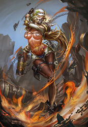  action armor bad_id bad_pixiv_id badge bare_shoulders beret black_footwear blcat4444 blonde_hair blue_shorts blue_sky breasts breasts_apart brown_eyes brown_gloves brown_pantyhose button_badge chains commentary_request contrapposto covered_mouth detached_sleeves elbow_pads explosion female fire full_body fur_trim gas_mask genderswap_(mtf) gloves grappling_hook green_hair gun hand_up handgun harness hat high_heels highleg highleg_panties highres holding holding_gun holding_weapon leg_belt leg_up long_hair long_sleeves mask medium_breasts midriff mouth_mask multicolored_hair navel no_shirt nose_piercing outdoors overwatch overwatch_1 panties pantyhose pauldrons photoshop_(medium) piercing pig_tattoo red_panties revealing_clothes roadhog_(overwatch) rule_63 shoes short_shorts shorts shoulder_armor shoulder_pads shoulder_spikes sky solo spikes standing standing_on_one_leg stomach_tattoo strap streaked_hair string_panties tattoo thigh_gap thigh_strap tire two-tone_hair underwear weapon white_hat 