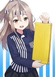  :d commentary_request employee_uniform female food grey_eyes grey_hair hachimaki hanging_scroll headband holding kantai_collection lawson long_hair looking_at_viewer misumi_(niku-kyu) omelet open_mouth pleated_skirt ponytail scroll shirt skirt smile solo striped_clothes striped_shirt tamagoyaki uniform vertical-striped_clothes vertical-striped_shirt zuihou_(kancolle) zuihou_(lawson)_(kancolle) 