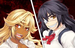  2girls bandage black_hair blonde_hair dark_skin denkishowgun erectlip multiple_girls school_uniform smile 