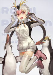  :d animal bird black_hair blue_background character_name commentary_request english_text female headphones highres kemono_friends mizore_akihiro multicolored_hair open_mouth penguin pink_hair red_eyes royal_penguin royal_penguin_(kemono_friends) smile solo thighhighs turtleneck white_hair white_thighhighs 