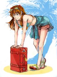  a10 bikini bikini_top_only blue_eyes clothes_around_waist eyewear_on_head female hair_ornament leaning long_hair looking_at_viewer neon_genesis_evangelion orange_hair sandals shorts smile solo souryuu_asuka_langley suitcase sunglasses sweater sweater_around_waist swimsuit tegaki 