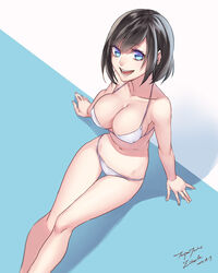  :d arms_at_sides artist_name bare_legs bare_shoulders bikini blue_background blue_eyes breasts brown_hair cleavage collarbone commentary_request covered_nipples dated female fingernails from_above groin large_breasts legs looking_at_viewer midriff navel open_mouth original photoshop_(medium) shadow short_hair signature sitting smile solo stomach strap_gap string_bikini swimsuit teeth tenjou_tsuki thigh_gap two-tone_background white_background white_bikini 