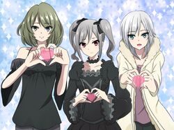  3girls anastasia_(idolmaster) aqua_eyes arice-spead-21 blue_eyes choker collarbone commentary_request fringe_trim green_hair grey_hair heart idolmaster idolmaster_cinderella_girls jacket kanzaki_ranko long_sleeves multiple_girls puffy_sleeves red_eyes short_hair smile sparkle takagaki_kaede twintails wide_sleeves 