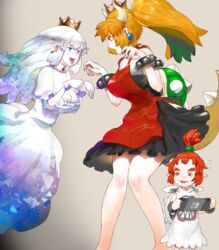  3girls apron aqua_dress aqua_hair bare_shoulders barefoot bib black_dress black_nails blonde_hair blue_dress blue_hair bowsette bowsette_jr. bracelet breasts brown_hair choker claw_pose cleavage collar collar_jewel commentary_request crown dress earrings eyebrows fingernails floating forehead frilled_collar frilled_dress frilled_gloves frills from_side ghost_pose gloves gradient_clothes gradient_hair hair_between_eyes horns jewelry knees_together_feet_apart large_breasts light_brown_hair long_hair looking_at_another looking_to_the_side luigi&#039;s_mansion mario_(series) mother_and_daughter multicolored_hair multiple_girls nail_polish new_super_mario_bros._u_deluxe nintendo_switch pointy_ears ponytail princess_king_boo purple_dress purple_eyes purple_hair red_apron red_eyes red_hair sharp_fingernails sharp_teeth short_dress sidelocks simple_background smile sphere_earrings spiked_bracelet spiked_collar spiked_shell spiked_tail spikes standing super_crown tail teeth tetuhei tongue tongue_out white_choker white_dress white_gloves white_hair 