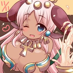  ankh bad_id bad_pixiv_id between_breasts blue_eyes blush breast_hold breasts circlet cleavage cow_horns dark-skinned_female dark_skin dated earrings egyptian female food hathor_(p&amp;d) heart horns huge_breasts jar jewelry long_hair mashiro_miru no_nose one_eye_closed open_mouth pink_hair pocky pocky_day puzzle_&amp;_dragons solo two-tone_background 