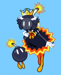  bad_id bad_twitter_id black_hair black_skin blue_background bob-omb boots bow colored_skin crown dress dual_persona earrings eyelashes female flipped_hair fuse gloves head_fuse jewelry mario_(series) new_super_mario_bros._u_deluxe princess_bob-omb short_hair simple_background sorrysap super_crown transformation white_eyes white_gloves winding_key yellow_bow yellow_footwear |_| 