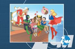  3boys 3girls artist_name billy_batson bird black_hair blonde_hair blue_sky bodysuit boots braid brown_hair cape city commentary dc_comics eating english_commentary floating green_lantern hamster hawk hawkgirl heart hood hooded_cape imagining justice_league kendra_saunders mask multiple_boys multiple_girls official_art promotional_art rooftop sen_(sen69) shazam simon_baz sketchbook skirt sky smile supergirl thigh_boots thighhighs thought_bubble twin_braids wings 