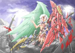  asymmetrical_wings blood breasts chicago-x commentary_request cross feathers female green_wings heterochromia highres mecha_musume mechanical_wings medium_breasts original red_wings solo sword torn_clothes weapon wings 