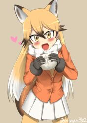  :d absurdres animal_ears baozi black_gloves blazer blonde_hair blush commentary_request cowboy_shot dorumam ezo_red_fox_(kemono_friends) female food fox_ears fox_tail gloves gradient_hair hair_between_eyes hair_flaps highres jacket kemono_friends long_hair looking_at_viewer multicolored_hair open_mouth pleated_skirt skirt smile solo tail white_skirt yellow_eyes 