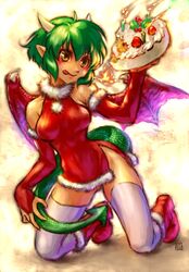  :q boots breasts cake candle china_dress chinese_clothes christmas commentary_request draco_centauros dragon_girl dragon_horns dragon_tail dragon_wings dress elbow_gloves female fire food fruit full_body gloves green_hair green_tail holly horns kneeling madou_monogatari miniskirt neko_no_yu pom_pom_(clothes) puyopuyo red_gloves red_wings santa_costume short_hair skirt solo strawberry tail thighhighs tongue tongue_out white_thighhighs wings yellow_background yellow_eyes zettai_ryouiki 