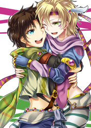  2boys bad_id bad_pixiv_id blonde_hair blue_eyes blue_jacket brown_hair caesar_anthonio_zeppeli cheek-to-cheek facial_mark feather_hair_ornament feathers fingerless_gloves gloves green_eyes hair_ornament headband heads_together highres hug jacket jojo_no_kimyou_na_bouken joseph_joestar joseph_joestar_(young) multiple_boys one_eye_closed scarf soraeda 