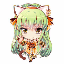  :3 animal_ears animal_print blush c.c. chibi code_geass code_geass:_nunnally_in_wonderland commentary_request detached_sleeves female green_hair jewelry long_hair looking_at_viewer meimi_k photoshop_(medium) solo striped_clothes striped_thighhighs tail thighhighs tiger_print tiger_tail yellow_eyes 