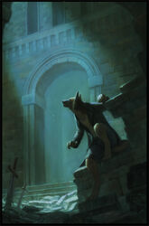  abandoned_building anthro arch barefoot biped bottomwear brick canid canine canis clothed clothing detailed_background digital_media_(artwork) digitigrade domestic_dog feet front_view full-length_portrait german_shepherd herding_dog inside light low_wall male mammal melee_weapon moonlight on_wall open_clothing open_shirt open_topwear pastoral_dog portrait ruins shirt shorts solo spotlight stone_wall sword terry_grimm topwear volumetric_lighting wall_(structure) weapon 