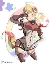  blonde_hair blush clothing_cutout commentary_request contrapposto cowboy_shot cutout_above_navel dog_tail doran_(dorannomai) female gloves gradient_hair halo hand_on_own_hip highres magical_girl mahou_shoujo_ikusei_keikaku mahou_shoujo_ikusei_keikaku_limited multicolored_hair navel navel_cutout one_eye_closed rain_pow solo standing star_(symbol) tail twintails twitter_username v v_over_eye 