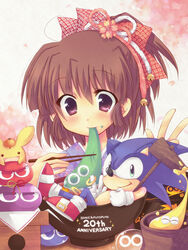  anniversary arle_nadja blob bow bowl brown_hair carbuncle_(puyopuyo) chopsticks commentary_request company_connection copyright_name creature crossover eating female flower food fruit furry furry_female green_eyes hair_flower hair_ornament hairbow half_updo madou_monogatari miyata_(miyatami07) orange_(fruit) purple_eyes puyo_(puyopuyo) puyopuyo shoes short_hair smile sonic_(series) sonic_(series) sonic_the_hedgehog 