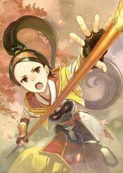  attack black_eyes black_hair blurry cherry_blossoms depth_of_field female fingerless_gloves foreshortening gloves hidari_(left_side) highres leaf long_hair naginata open_mouth polearm ponytail reki_toukiden solo toukiden very_long_hair weapon 