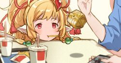  animal_ears blonde_hair blush cellphone clenched_hand commentary_request drink eating female food food_in_mouth french_fries granblue_fantasy hair_ornament hanosuke harvin holding holding_phone mahira_(granblue_fantasy) peeping phone pointy_ears red_eyes simple_background solo_focus treasure_chest white_background 