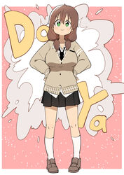  :&gt; absurdres black_skirt blush breasts brown_hair bural_chingu cardigan commentary female full_body glasses green_eyes ham_na-bi hands_on_own_hips highres huge_breasts korean_commentary looking_at_viewer luke_(dydansgur) necktie original pleated_skirt school_uniform short_twintails skirt smile solo twintails v-shaped_eyebrows 