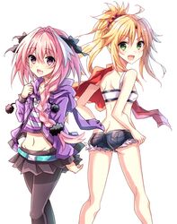  1boy ass back bare_shoulders blonde_hair blush braid fate/apocrypha fate_(series) female green_eyes hair_ornament hood long_hair midriff mound_of_venus oerba_yun_fang open_mouth pantyhose pink_hair ponytail purple_eyes ribbon rider_of_black saber_of_red short_shorts shorts skirt 