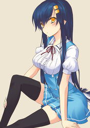  black_thighhighs blue_hair blush breasts commentary_request female hair_ornament hairclip kodou_tamaki long_hair medium_breasts photoshop_(medium) power_of_smile school_uniform solo thighhighs uro_(urotanc) yellow_eyes 