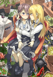  2girls ange_(princess_principal) antique_phone armchair bad_id bad_perspective bad_pixiv_id birdcage black_dress black_footwear blonde_hair blue_bra blue_eyes blush boots bottle box bra braid brown_hair cage chair checkered_floor coin corset crate cup desk dress drinking_glass eye_contact frills gold hand_in_another&#039;s_hair high_heels highres indoors jewelry long_sleeves looking_at_another money multiple_girls neck_ribbon necklace nose_blush pantyhose pearl_necklace phone pinafore_dress pitcher_(container) plant potted_plant princess_(princess_principal) princess_principal red_footwear ribbon ribbon-trimmed_bra ringocha_(appleteatea) rotary_phone school_uniform shared_chair shirt sitting sleeveless sleeveless_dress stiletto_heels stool table unbuttoned unbuttoned_shirt underbust underwear unworn_jewelry unworn_necklace white_shirt wine_bottle wine_glass yuri 