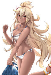  ankle_ribbon ayase_tamaki bare_arms bare_shoulders bikini blonde_hair blue_skirt blush breasts closed_mouth collarbone commentary_request dark-skinned_female dark_skin female flower from_side front-tie_bikini_top front-tie_top granblue_fantasy groin hair_between_eyes hair_flower hair_ornament hand_up highres holding holding_clothes holding_skirt leg_ribbon leg_up long_hair looking_at_viewer looking_to_the_side medium_breasts navel official_alternate_costume ribbon side-tie_bikini_bottom skirt smile solo standing standing_on_one_leg swimsuit thighs topknot unworn_skirt very_long_hair white_bikini white_ribbon zooey_(granblue_fantasy) zooey_(summer)_(granblue_fantasy) 