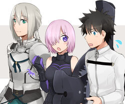  2boys aqua_eyes armor bare_shoulders bedivere belt black_hair blue_eyes blush breasts fate/grand_order fate/stay_night fate_(series) female fujimaru_ritsuka_(male) grey_hair hair_over_one_eye long_hair multiple_boys open_mouth purple_hair shield shielder_(fate/grand_order) short_hair shoulder_pads smile 