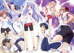  &gt;_&lt; 3boys 5girls :d ^_^ absurdres animal_ears ass bike_shorts blonde_hair blue_eyes brown_eyes brown_hair buruma cat_ears closed_eyes dust_cloud glasses gym_shorts gym_uniform hair_ribbon highres kani_biimu kikuchi_ieyase kiriya_nozomi koya_daigoro lightning long_hair mayoi_neko_overrun! multiple_boys multiple_girls naruko_kanae navel open_mouth ponytail purple_hair red_eyes ribbon running scan serizawa_fumino shoes short_hair shorts smile sneakers tsuzuki_otome tsuzuki_takumi twintails umenomori_chise 