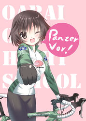  akiyama_yukari bicycle bike_jersey bike_shorts brown_hair commentary_request cycling_uniform female futami_kazuha girls_und_panzer gloves one_eye_closed short_hair solo 