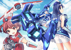  3girls armor ass bike_shorts blue_eyes blue_hair brown_eyes brown_hair commentary_request detached_sleeves elbow_gloves fingerless_gloves frilled_legwear futaba_aoi_(vividred_operation) gauntlets gloves greaves hat headgear isshiki_akane long_hair machinery multiple_girls mystic-san open_mouth palette_suit short_hair shorts shorts_under_skirt thighhighs twintails vividblue vividred_operation white_legwear white_shorts 