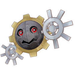  3d cel_shading creature digimon digimon_(creature) digimon_story:_cyber_sleuth game_model gears hagurumon metal no_humans official_art open_mouth photoshop_(medium) red_eyes reflection simple_background solo 