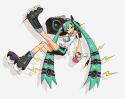  audio_cable audio_jack bad_id bad_pixiv_id badge bandaid bare_shoulders black_shorts boombox button_badge cable david_semsei female gloves hatsune_miku holding_boombox inline_skates jet_set_radio long_hair necktie photoshop_(medium) roller_skates shorts skates solo speaker spray_can twintails vocaloid 