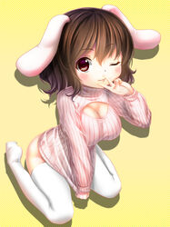  :3 alternate_breast_size animal_ears blush bottomless breasts brown_hair cleavage clothes_tug commentary_request ecou female from_above inaba_tewi large_breasts looking_at_viewer meme_attire one_eye_closed open-chest_sweater rabbit_ears red_eyes short_hair simple_background sitting solo sweater sweater_tug thighhighs touhou turtleneck v wariza white_thighhighs yellow_background 