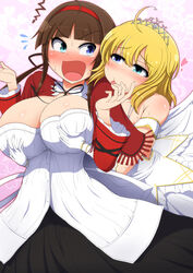  2girls :b ahoge aqua_eyes bare_shoulders blonde_hair blue_eyes blush breast_grab breasts brown_hair dress drooling flying_sweatdrops gloves grabbing groping hair_ribbon hairband heart heterochromia huge_breasts long_hair multiple_girls open_mouth ponpo ribbon ryoubi_(senran_kagura) ryouna_(senran_kagura) saliva senran_kagura senran_kagura_(series) senran_kagura_shinovi_versus shiny shiny_skin short_hair siblings sisters surprised sweat tears tongue tongue_out twins wings yuri 