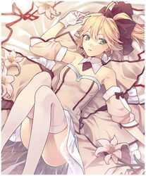  ahoge artoria_pendragon_(fate) blonde_hair bow commentary_request convenient_leg detached_sleeves dress fate/stay_night fate/unlimited_codes fate_(series) female flower gloves green_eyes hairbow lily_(flower) name_connection object_namesake photoshop_(medium) pink_flower ponytail saber_lily satou_iruno solo thighhighs white_flower white_lily 