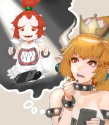  2girls bare_shoulders bib black_dress black_nails blonde_hair bowsette bowsette_jr. bracelet breasts bright_pupils brown_hair cellphone cleavage collar commentary_request crown dress earrings eyeliner finger_to_mouth forehead hair_between_eyes hair_bobbles hair_ornament horns jewelry light_brown_background light_rays looking_up makeup mario_(series) medium_breasts mother_and_daughter multiple_girls nail_polish new_super_mario_bros._u_deluxe nintendo_switch oerba_yun_fang phone pointy_ears ponytail red_eyes red_hair sad simple_background smartphone spiked_bracelet spiked_collar spikes strapless strapless_dress super_crown teeth tetuhei thinking upper_body white_pupils worried 