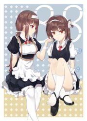  2girls absurdres black_footwear breasts brown_hair closed_mouth commentary crossed_legs even_(even_yiwen) girls&#039;_frontline hair_ornament hair_ribbon hairband hairpin highres js_9_(girls&#039;_frontline) looking_at_another looking_at_viewer maid multiple_girls neck_ribbon pantyhose red_eyes red_ribbon ribbon shoe_dangle sidelocks socks twintails type_79_(girls&#039;_frontline) white_hairband white_legwear white_ribbon yuri 