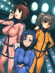  3girls :d blue_bodysuit blue_hair bodysuit breasts brown_eyes brown_hair commentary_request flat_chest glasses harada_makoto index_finger_raised large_breasts misaki_yuria multiple_girls niimi_kaoru open_mouth orange_bodysuit pink_bodysuit seki_suzume short_hair smile thighhighs uchuu_senkan_yamato uchuu_senkan_yamato_2199 zettai_ryouiki 